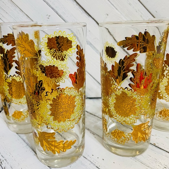 Set of 4 Vintage Mid Center Modern Pokee Yellow 22K Gold Chrysanthemum glasses - Picture 3 of 8